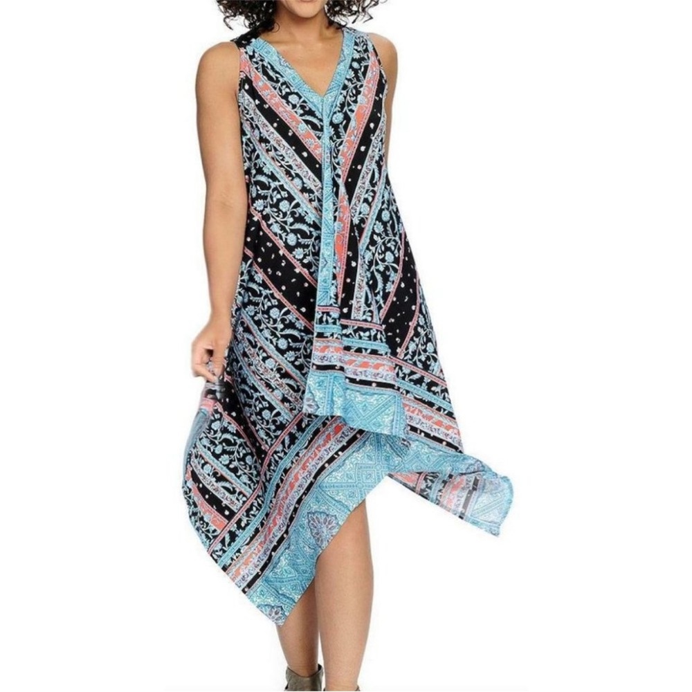 One World Scarf Print Handkerchief Hem Dress Navy Turquoise Coral Print 1X